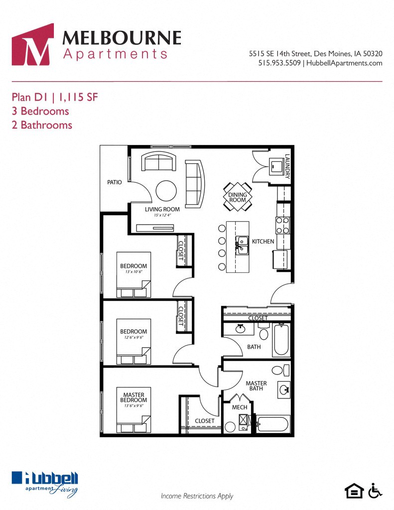 Floor plan for 3 beds, 2 baths, 1115 sqft